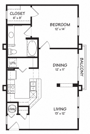 Floor plan for 1 bed, 1 bath, 767 sqft